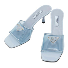 Load image into Gallery viewer, PRADA open toe clear mules Blue1XX644 Leather PVC Coated Canvas Size 36 1/2