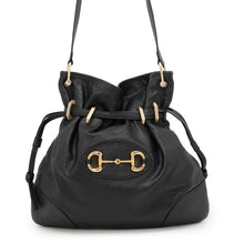 将图像加载到图库查看器中,GUCCI ★Horsebit1955 Drawstring Shoulder Bag Black602089 Leather