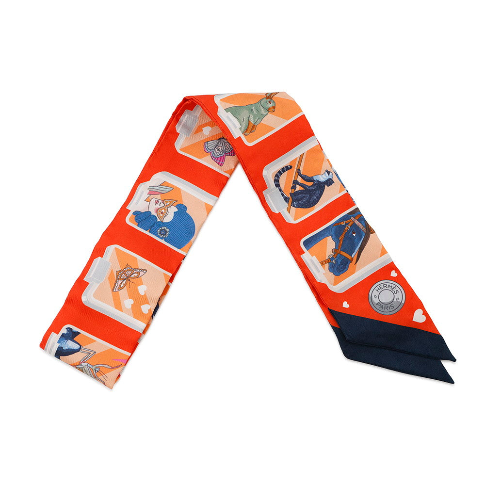エルメス　ツイリー　Twilly Hermes Story HERMES Twilly HERMES Story HERMES STORY Orange/Blue/Rose Silk100