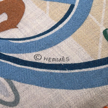 将图像加载到图库查看器中,HERMES Giant Square HERMES Horse Club HERMES HORSE CLUB Size 140 Gris Cine/Orange/Blue Cashmere70% Silk30%