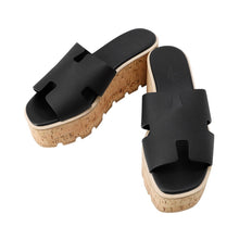 Load image into Gallery viewer, HERMES Sandals Eze 30 Black Calf Leather Cork Size 36