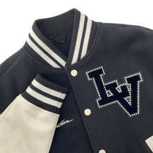 Load image into Gallery viewer, LOUIS VUITTON Signature Varsity Blouson Size 50 Black/White Calf Leather Wool Faux Pearl