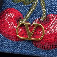 将图像加载到图库查看器中,Valentino Garavani V Logo Cherry Fick Embroidery Card Holder Blue/Red7W2P0AJ7BRJ Denim/Leather