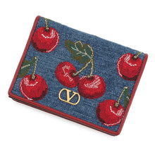 将图像加载到图库查看器中,Valentino Garavani V Logo Cherry Fick Embroidery Compact Wallet Blue/Red7W2P0AJ3BRJ Denim/Leather