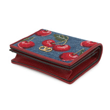 将图像加载到图库查看器中,Valentino Garavani V Logo Cherry Fick Embroidery Compact Wallet Blue/Red7W2P0AJ3BRJ Denim/Leather