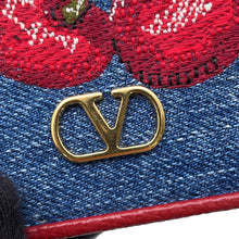将图像加载到图库查看器中,Valentino Garavani V Logo Cherry Fick Embroidery Compact Wallet Blue/Red7W2P0AJ3BRJ Denim/Leather