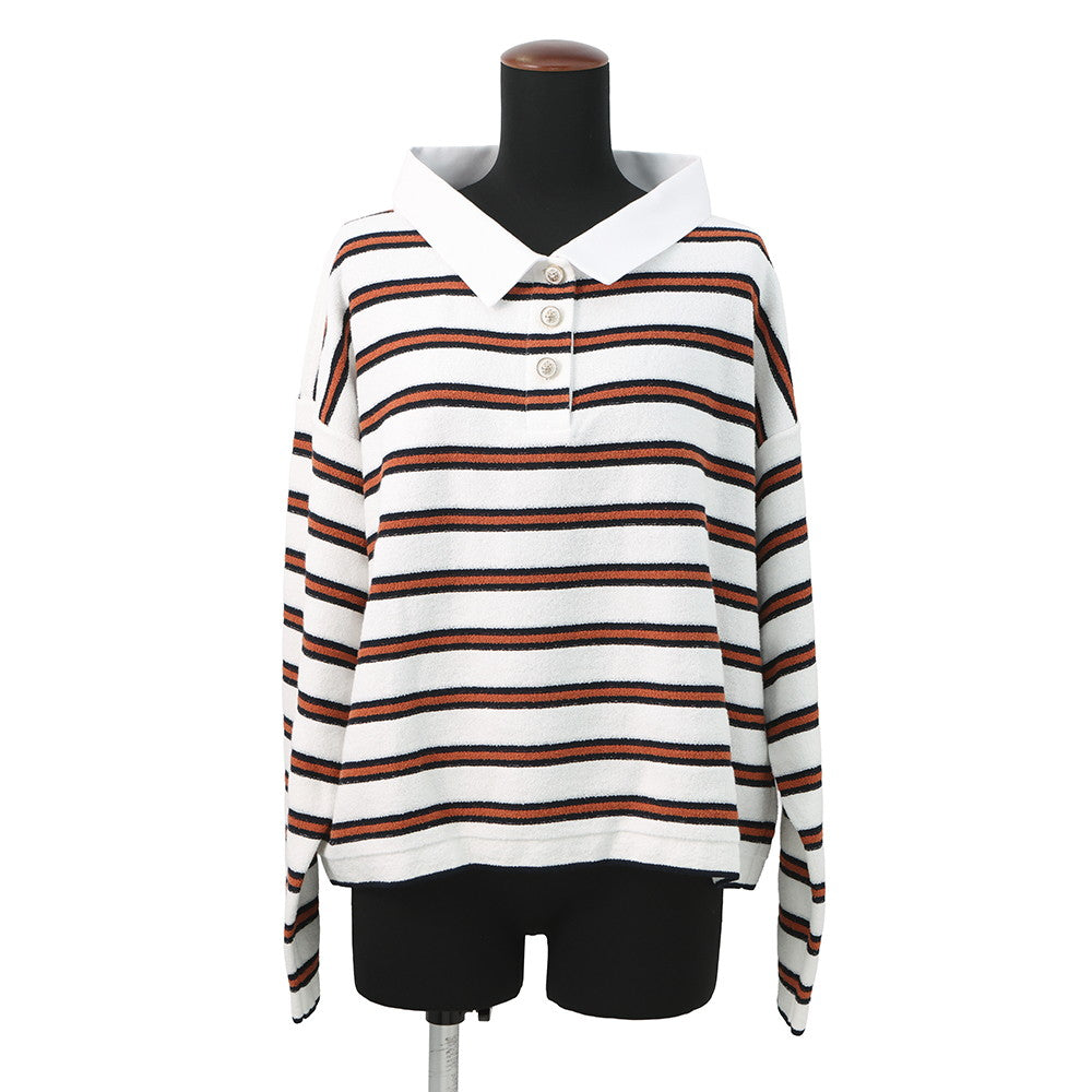 CHANEL pullover polo shirt Size 40 White/Navy/BrownP81087 Cotton