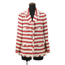 Load image into Gallery viewer, CHANEL Striped Tweed Jacket Size 42 Ivory/Red/BrownP33189 Cotton 38% Silk 38% Polyamide 17% Wool 4% Rayon2% Metal 1%