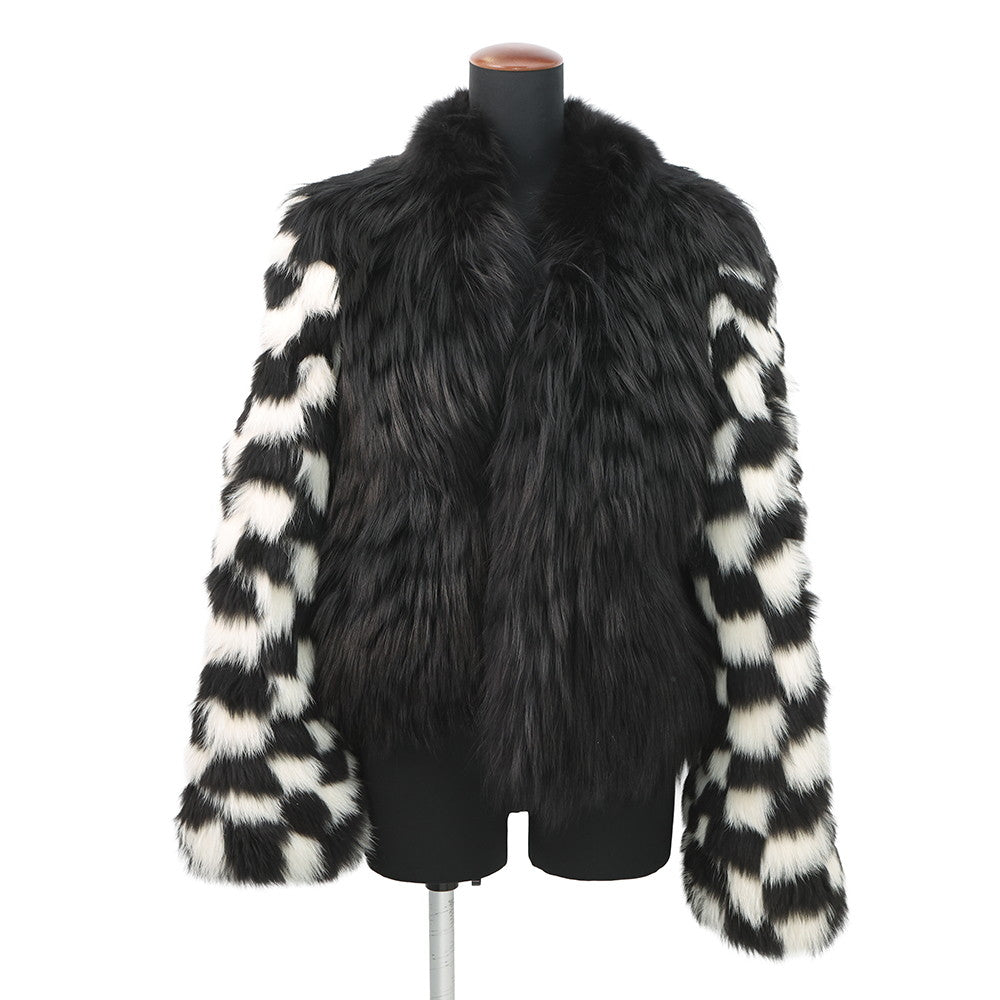 ルイヴィトン ファージャケット ダミエ フォックス インターシャ レディースサイズ38 1A5RDH 黒 ブラック 白 LOUIS VUITTON Damier Fox Intarsia Fur Jacket Size 38 White