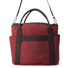 将图像加载到图库查看器中,HERMES Sacked Pansage Rouge H/Chocolat Toile Chevrons Canvas