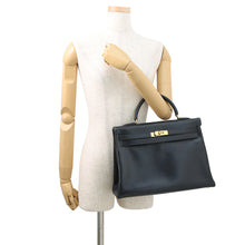 将图像加载到图库查看器中,HERMES Kelly Retourne Navy Box Calf Leather Size 35