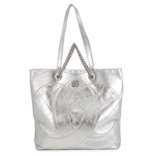 Load image into Gallery viewer, CHANEL CC Logo Club Monaco Chain Tote Bag Silver Shiny Calf Leather