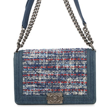 将图像加载到图库查看器中,CHANEL Boy Chanel ChainShoulder Bag Blue Tweed Denim Leather Size 28