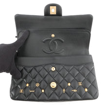 将图像加载到图库查看器中,CHANEL Matelasse Double Flap Egyptian Bag Charm Chain Shoulder Bag BlackA01112 Lambskin Size 25