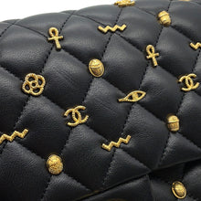 将图像加载到图库查看器中,CHANEL Matelasse Double Flap Egyptian Bag Charm Chain Shoulder Bag BlackA01112 Lambskin Size 25
