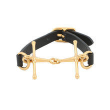 Load image into Gallery viewer, HERMES Mall Horsebit Bracelet Size T2 Black Gold Plated Swift Leather