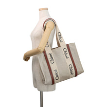 Load image into Gallery viewer, Chloe Woody Tote Bag White/BrownCHC22AS383I2690U Canvas Calf Leather