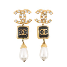 Load image into Gallery viewer, CHANEL CC Logo Swing Earrings Black Gold Plated Rhinestone Faux Pearl