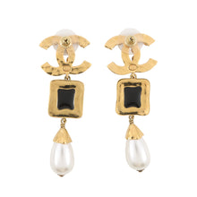 Load image into Gallery viewer, CHANEL CC Logo Swing Earrings Black Gold Plated Rhinestone Faux Pearl