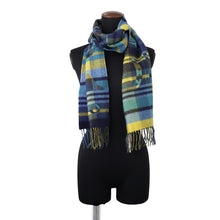 Load image into Gallery viewer, HERMES Scarf, horseshoe pattern, tartan check. Yellow/Navy/Green Cashmere 100%