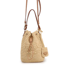 将图像加载到图库查看器中,PRADA 2WAY Bucket Bag Beige/Light Brown1BE068 Raffia Leather