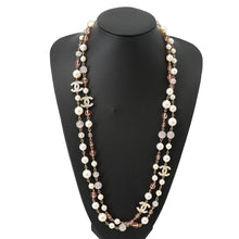 Load image into Gallery viewer, CHANEL CC Logo Faux Pearl Long Necklace Faux Pearl Beads Gold Plated