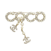 将图像加载到图库查看器中,CHANEL CC Logo Brooch Champagne Gold Metal Faux Pearl Rhinestone
