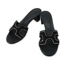 将图像加载到图库查看器中,HERMES Oazis Sandals Black Chevre Leather, Velour, Rhinestone Leather Size 36