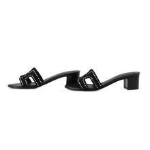 将图像加载到图库查看器中,HERMES Oazis Sandals Black Chevre Leather, Velour, Rhinestone Leather Size 36