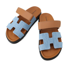 Load image into Gallery viewer, HERMES Shipley Sandals Blue Claire/NaturalH231125Z Denim Calf Leather Rubber Size 36.5