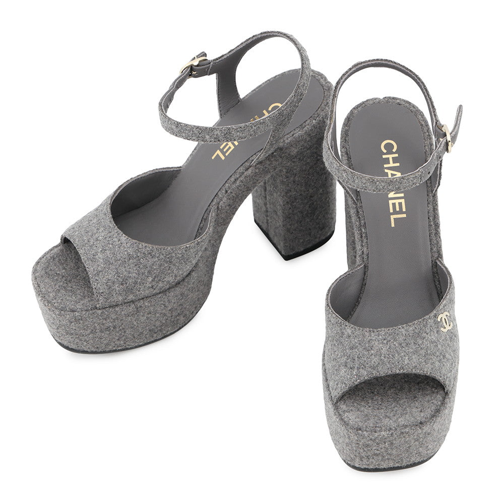 CHANEL CC Logo Platform Sandals GrayG45740 Felt Size 37C– GALLERY