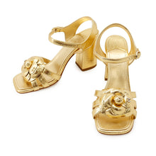 Load image into Gallery viewer, CHANEL Camellia Sandals GoldG46516 Leather Rhinestone Size 37