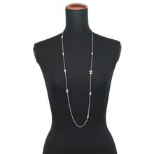 将图像加载到图库查看器中,CHANEL CC Logo Rhinestone Faux Pearl Long Necklace Champagne Gold Metal