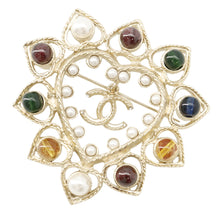 Load image into Gallery viewer, CHANEL CC Logo Color Stone Brooch Champagne Gold Gold Plated Rhinestone Faux Pearl Color Stone