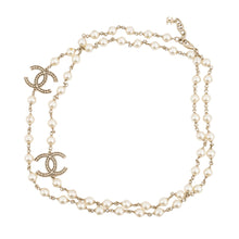 Load image into Gallery viewer, CHANEL CC Logo Faux Pearl Long Necklace Champagne Gold Gold Plated Faux Pearl