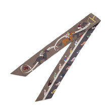 Load image into Gallery viewer, HERMES Twilly Horse Racing Marron Glacé/Crème/Taupe Grey Silk100%