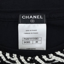 将图像加载到图库查看器中,CHANEL French Sleeve Tweed Trim T-Shirt Size 38 Black Cotton100%