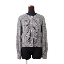 将图像加载到图库查看器中,CHANEL COCO Button Collarless Frill Jacket Size 34 Gray/White/BlackP60828-V46259-MF840 Wool43% Cotton32% Polyamide15% Silk10%