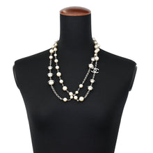 Load image into Gallery viewer, CHANEL Pearl Long Necklace Silver Metal Faux Pearl Rhinestone