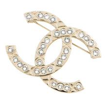 Load image into Gallery viewer, CHANEL CC Logo Rhinestone Brooch Champagne Gold Metal Rhinestone