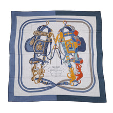 Load image into Gallery viewer, HERMES Carre Jean BRIDES DE GALA APPLIQUE PIQUE Size 140 Blue Jean/Gris Cine/Miel Cashmere70% Silk30%