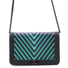 Load image into Gallery viewer, CHANEL Chain Wallet Chevron Black/Metalic Blue Lambskin