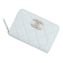 将图像加载到图库查看器中,CHANEL Matelasse Rhinestone Zip Coin Purse Light BlueAP4560 Caviar Leather