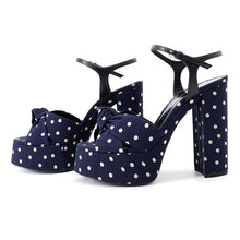 Load image into Gallery viewer, SAINT LAURENT PARIS Bianca Polka Dot Platform Sandals Navy/White62011814T104742 Leather Fabric Size 36 1/2