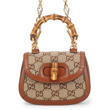 将图像加载到图库查看器中,GUCCI Bamboo 1947 Handbag Brown/Beige735116 GG CrystalCanvas Rhinestone Leather