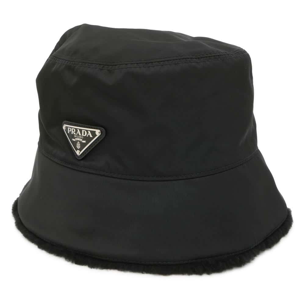 PRADA Re-Nylon Shearling Bucket Hat Size XL Black 2HC137 Nylon Fur