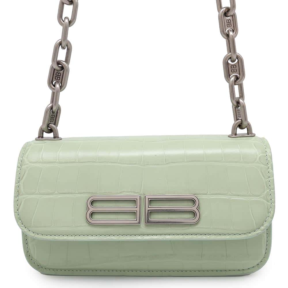 BALENCIAGA Logo Shoulder Bag Light Green679863 Embossed Leather