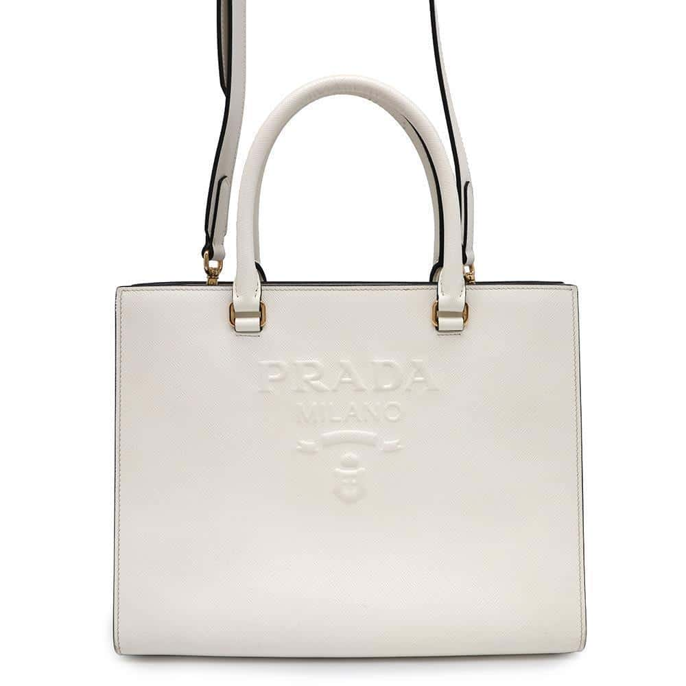 PRADA Saffiano Leather 2wayHandbag White1BA337 Leather Size Medium