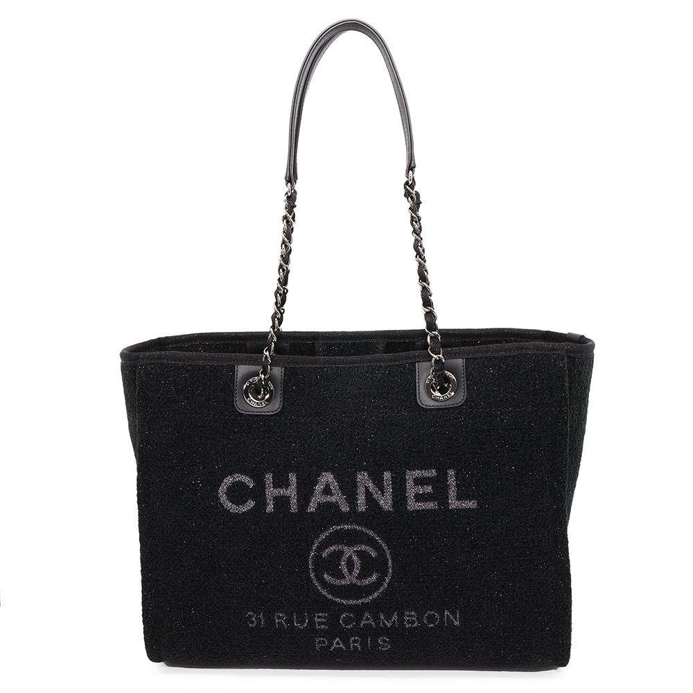 CHANEL Deauville ChainTote Bag Black Tweed Leather Size MM