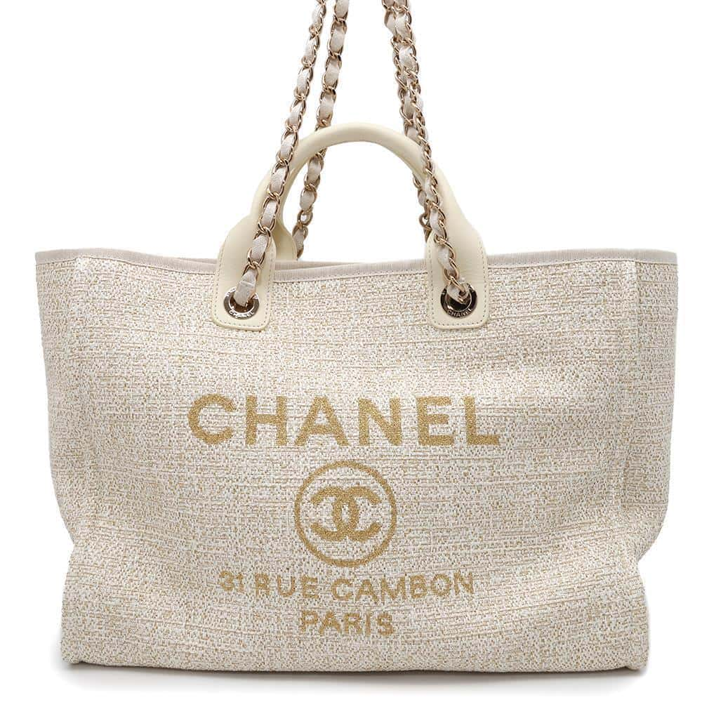 CHANEL Deauville 2WAYTote Bag Ivory/GoldA66941 Tweed Size GM